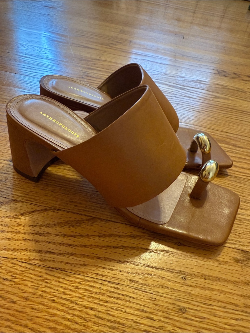 NWOB Anthropologie Tan Leather Block Heel Toe-Ring Slides with Gold Accents - Picture 2 of 10